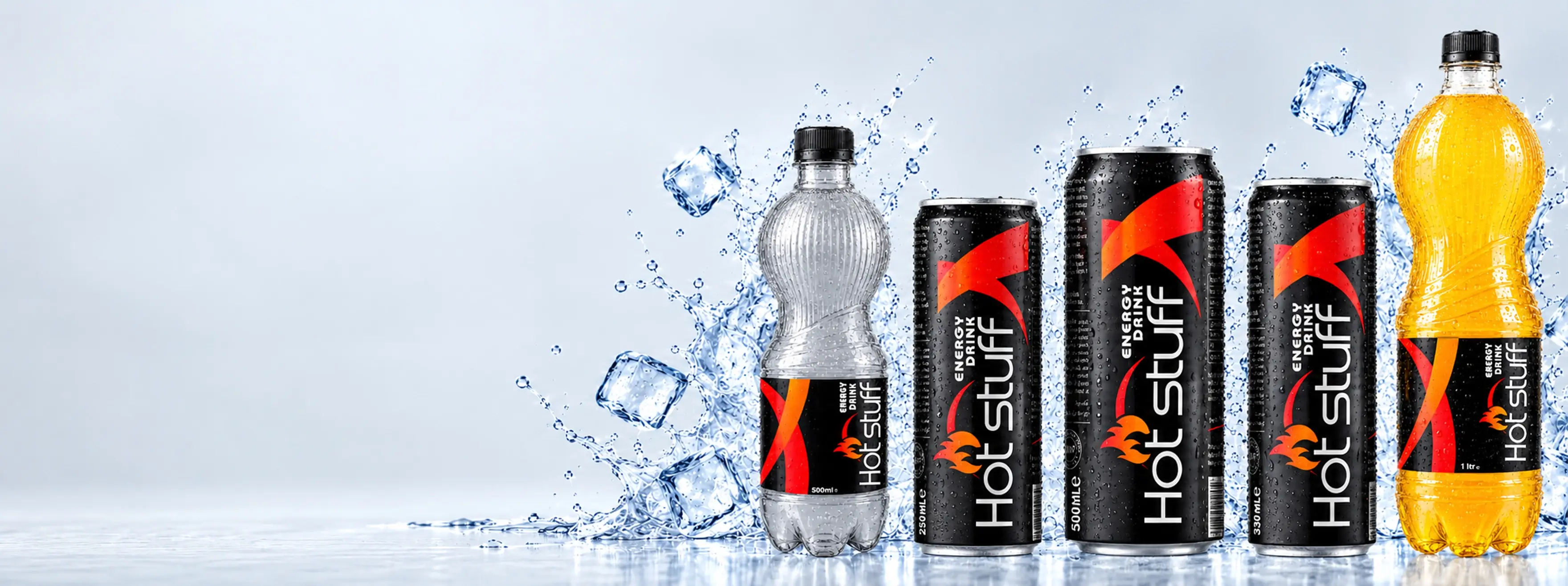 Hot Stuff Energy Drink black and red cans with water droplets on a bright white background.